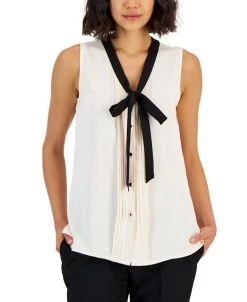 Anne Klein Women's Tie V-Neck Sleeveless Button-Up Blouse