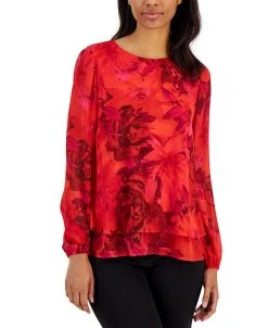 Anne Klein Women's Chiffon Long-Sleeve Double-Layer Blouse