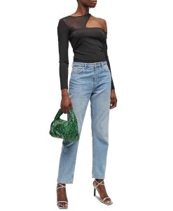 French Connection Asymmetrical One-Shoulder Mesh Neckline Top