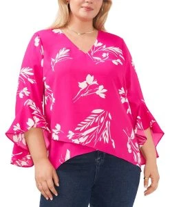 Vince Camuto Plus Size Flutter Sleeve Floral Whisps V-Neck Tunic