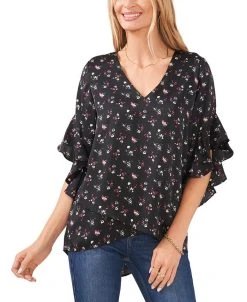 Vince Camuto Women's Printed Ruffled-Sleeve Overlap Hem Blouse