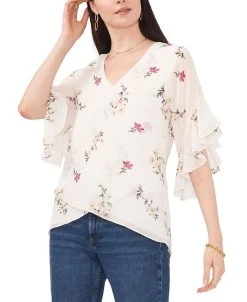Vince Camuto Women's Printed Ruffled-Sleeve Overlap Top