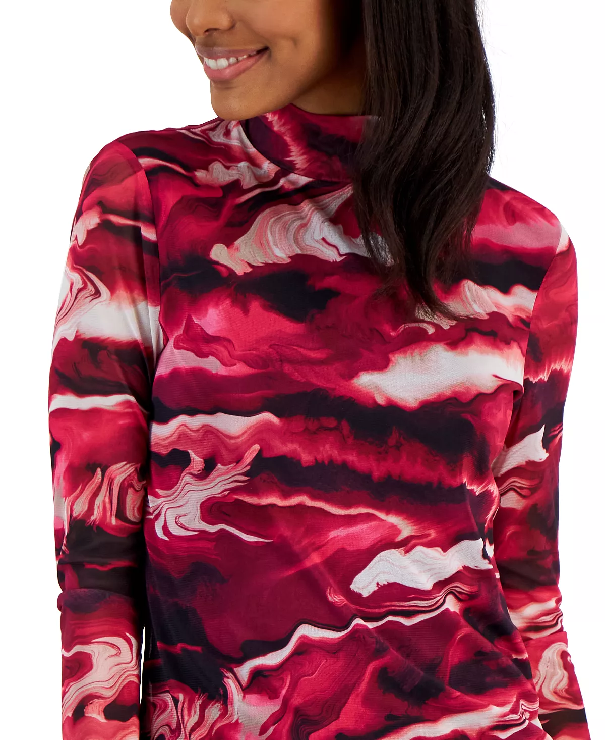 Anne Klein Women's Printed Mesh-Sleeve Mock-Neck Top - Image 3