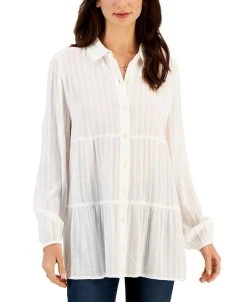 Style & Co Women's Textured-Stripe Tiered Button Shirt, Created For Macy's