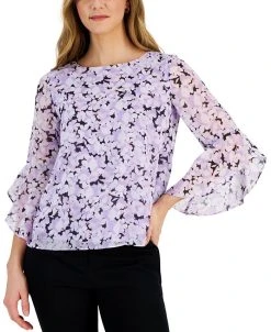 Kasper Women's Floral-Print 3/4-Bell-Sleeve Blouse