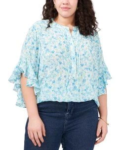 Vince Camuto Plus Size Printed Flutter Sleeve Henley Blouse