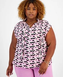 Bar III Plus Size Printed Tie-Neck Cap-Sleeve Top, Created For Macy's