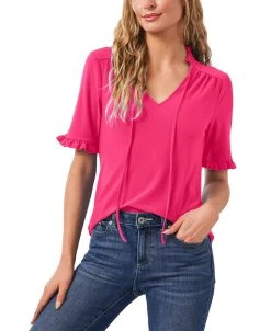 CeCe Women's Ruffled Tie-Neck Short Sleeve Knit Top