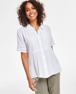 Style & Co Women's Pintuck Short-Sleeve Button-Front Shirt, Created For Macy's