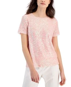 Anne Klein Women's Sequinned Mesh Short-Sleeve Banded T-Shirt