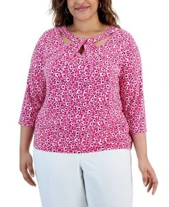 Kasper Plus Size Cut-Out Floral-Print 3/4-Sleeve Top