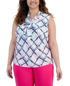 Kasper Plus Size Printed Tie-Front Sleeveless Shell Top