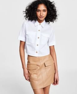 Bar III Women's Cropped Cuffed-Sleeve Pocket Shirt, Created For Macy's