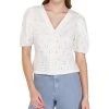 Black Tape Women's Puff-Sleeve V-Neck Button-Down Eyelet Top