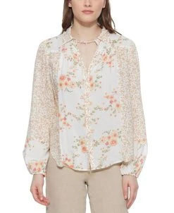 Black Tape Women's Mixed-Print Tie-Neck Button-Front Blouse