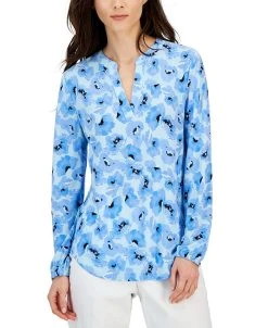 Anne Klein Women's Floral-Print Ity Long-Sleeve Blouse