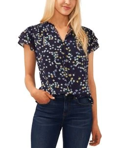 CeCe Women's Split-Neck Flutter-Sleeve Printed Blouse